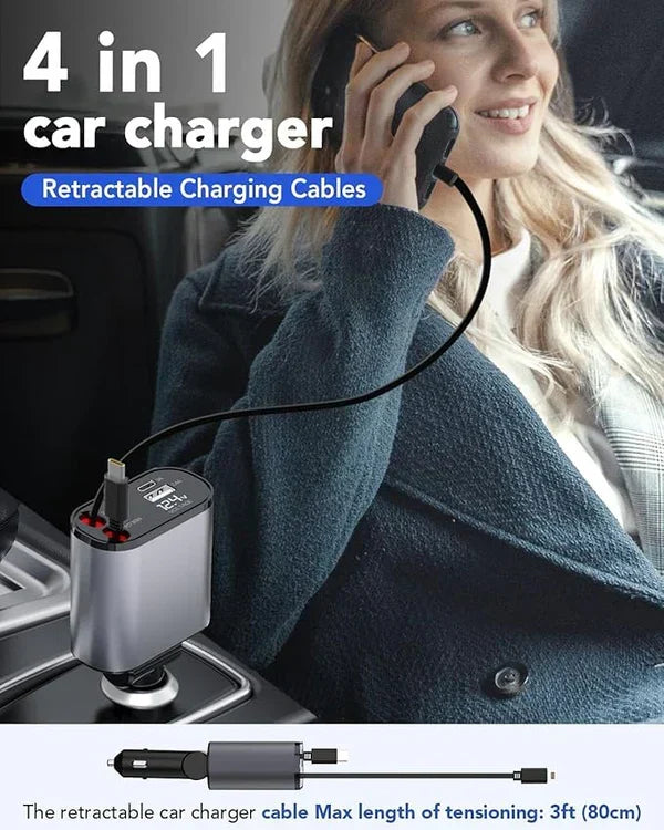 4 in 1 Retractable Car Charger - Super Fast Charging Dual USB Ports, Compatible with iPhone, iPad, Pixel, Tablets, Android Phones