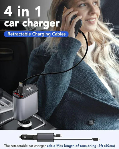 4 in 1 Retractable Car Charger - Super Fast Charging Dual USB Ports, Compatible with iPhone, iPad, Pixel, Tablets, Android Phones