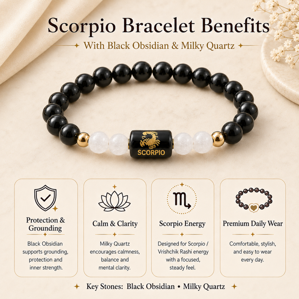 Scorpio (वृश्चिक राशि) Zodiac Black Obsidian & Milky Quartz Bracelet