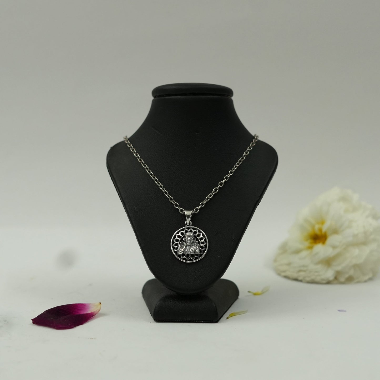 Shirdi Sai Baba Circular Frame Pendant in Brass with Silver Finish (Pendant Only)