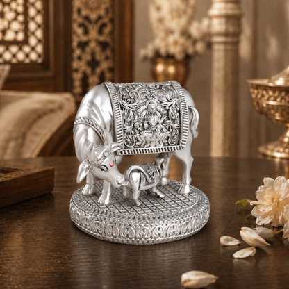 Silver plated  Kamdhenu Cow with Calf Idol