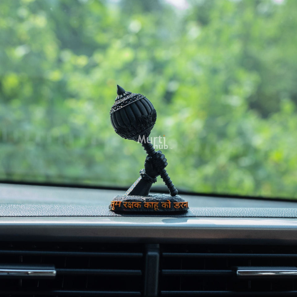 Hanuman Ji’s Gada — “Tum Rakshak Kahu Ko Darna” | Hand-Painted Idol for Car Dashboard