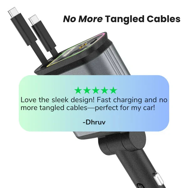 4 in 1 Retractable Car Charger - Super Fast Charging Dual USB Ports, Compatible with iPhone, iPad, Pixel, Tablets, Android Phones