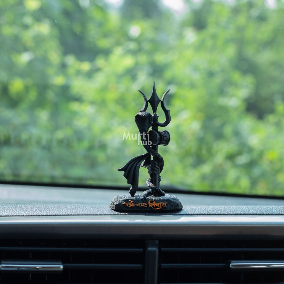 Shiva's Trishul Damru — Om Namah Shivay | Hand-Painted Resin Idol for Car Dashboard