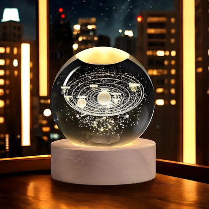 Solar System Crystal Night Lamp with Wooden Base & USB Charging