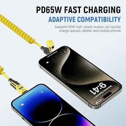 4-in-1 Fast Charging Coiled USB Cable | 65W Power | Universal Multi-Port Connector