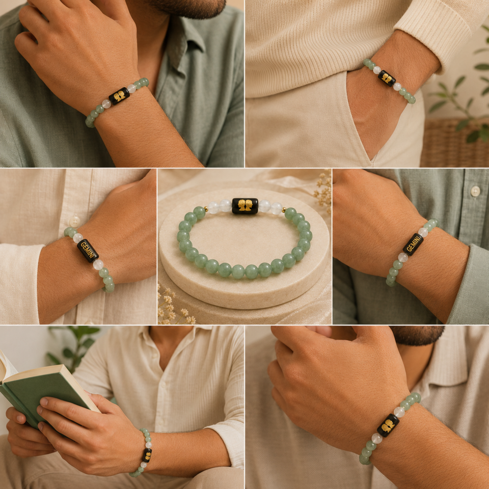 Gemini (मिथुन राशि) Zodiac Green Aventurine & Milky Quartz Bracelet