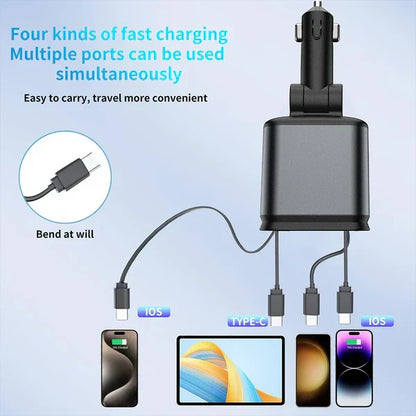 4 in 1 Retractable Car Charger - Super Fast Charging Dual USB Ports, Compatible with iPhone, iPad, Pixel, Tablets, Android Phones