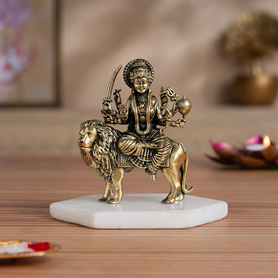 Brass 8 Armed Maa Durga Idol Sitting on Lion
