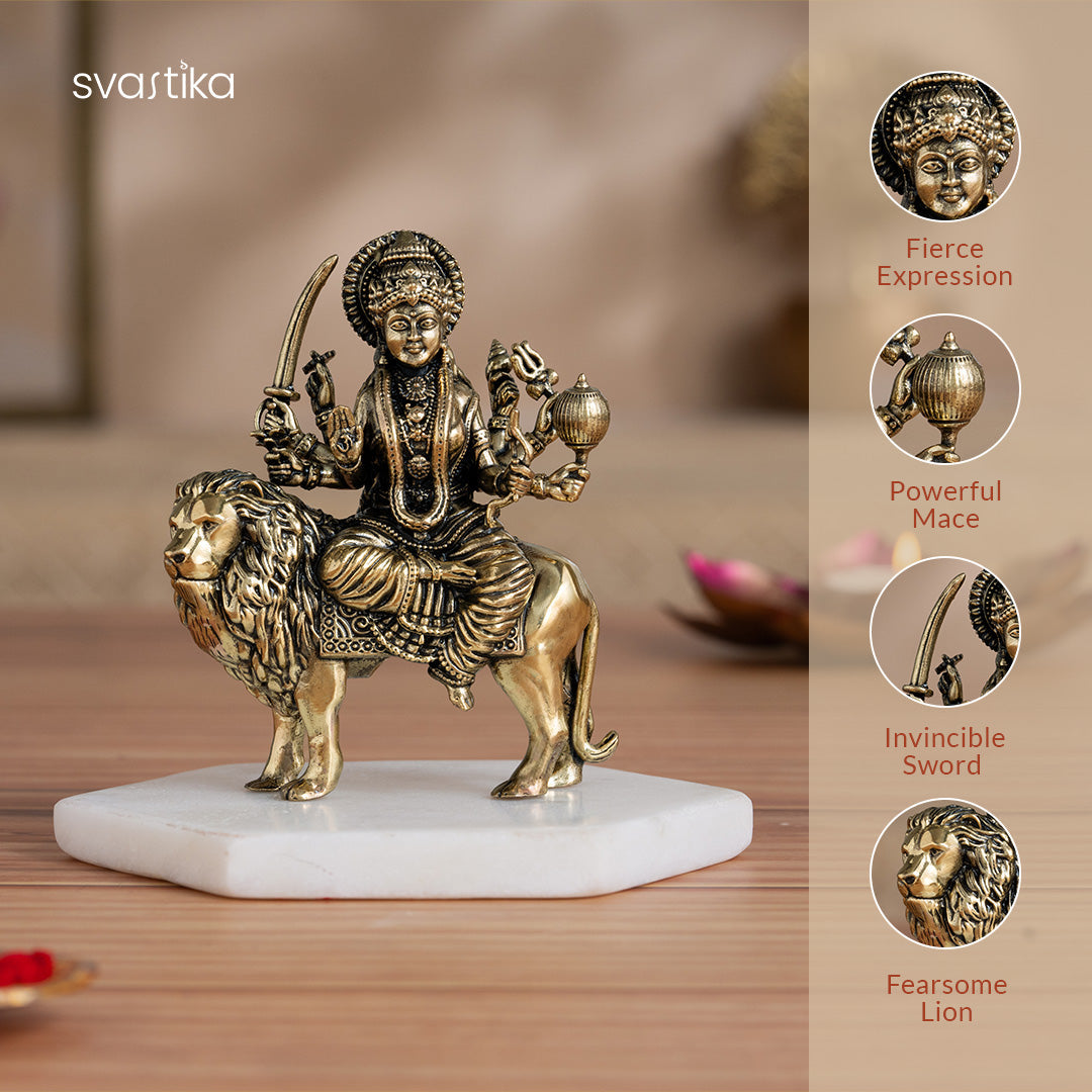 Brass 8 Armed Maa Durga Idol Sitting on Lion