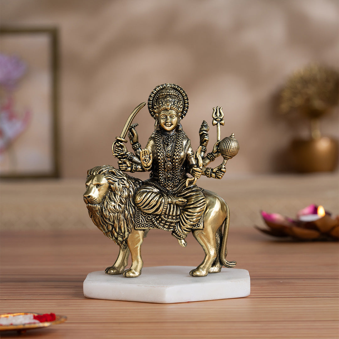 Brass 8 Armed Maa Durga Idol Sitting on Lion