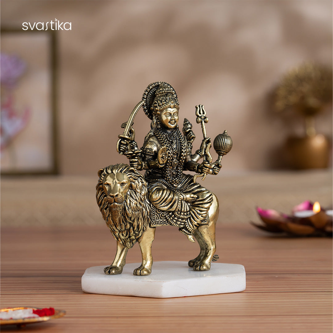 Brass 8 Armed Maa Durga Idol Sitting on Lion