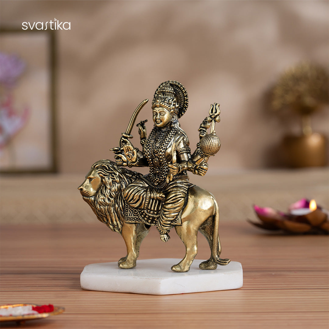 Brass 8 Armed Maa Durga Idol Sitting on Lion