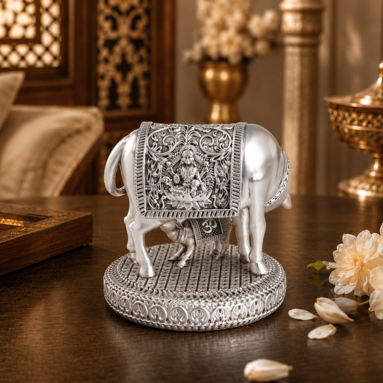 Silver plated  Kamdhenu Cow with Calf Idol