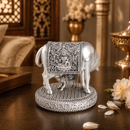 Silver plated  Kamdhenu Cow with Calf Idol
