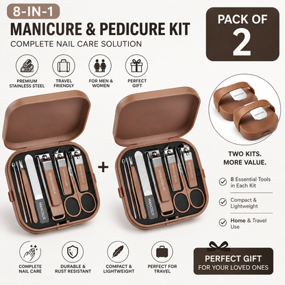 Professional 8-in-1 Manicure and Pedicure Kit – Complete Stainless Steel Grooming Set for Home & Travel