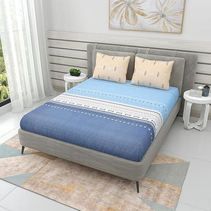Blue Geometric Printed Fitted King Bedsheet with 2 Pillow Covers