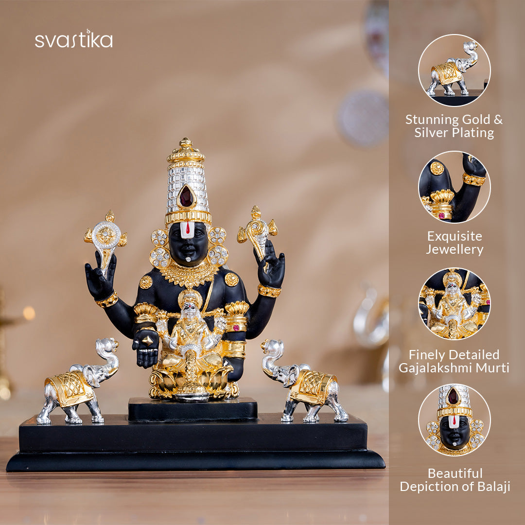 Balaji Charan with Shanku Chakra Namam – Gold Plated (2 Inch) with Gajalakshmi Tirupati Balaji Murti - Gold & Silver Plated (9 Inch) - Combo