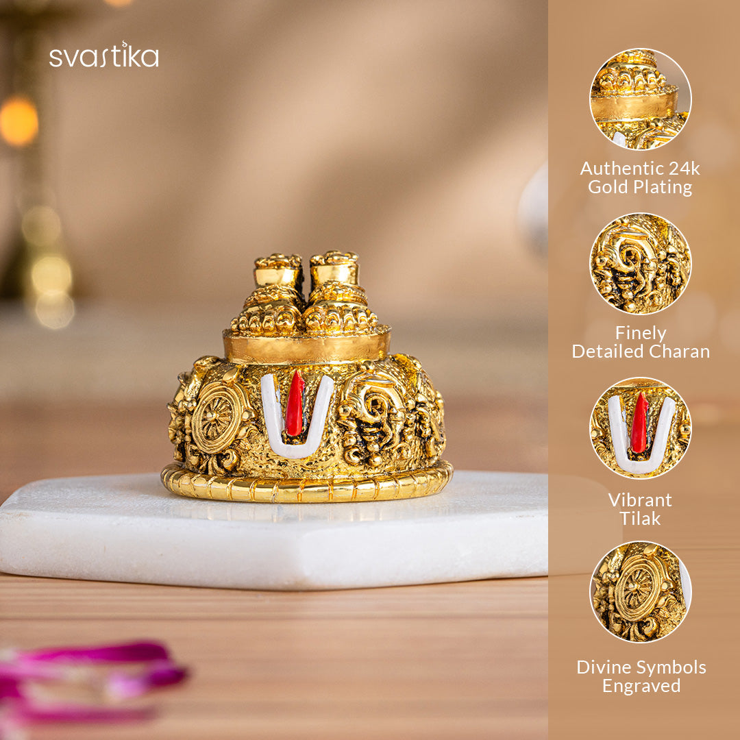 Balaji Charan with Shanku Chakra Namam – Gold Plated (2 Inch) with Brass Tirupati Balaji Idol (Venkateshwara) with Garuda Base (6 Inch) - Combo