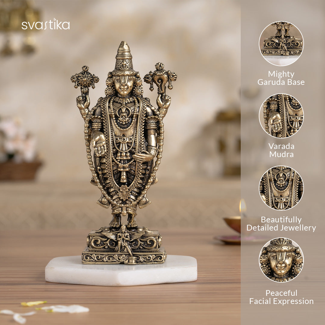 Balaji Charan with Shanku Chakra Namam – Gold Plated (2 Inch) with Brass Tirupati Balaji Idol (Venkateshwara) with Garuda Base (6 Inch) - Combo