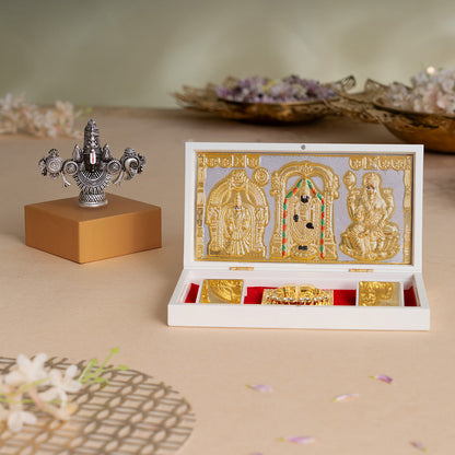 Lord Balaji Face Idol - Silver Plated (4 Inch) with Svastika Balaji Pocket Temple - Gold Plated (Small) - Combo