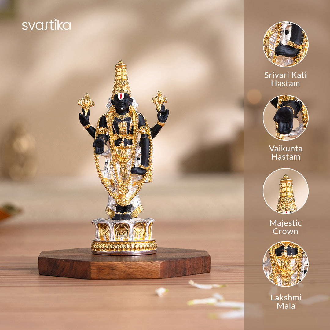 Balaji Charan with Shanku Chakra Namam – Gold Plated (2 Inch) with Tirupati Balaji (Venkateswara) Idol - Gold & Silver Plated (5 Inch) - Combo