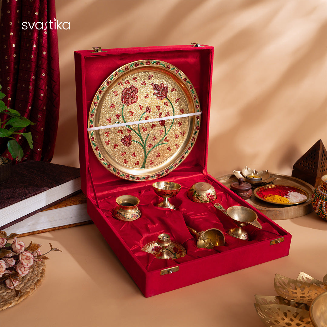 Brass Floral Meenakari Pooja Thali (10 Inch)