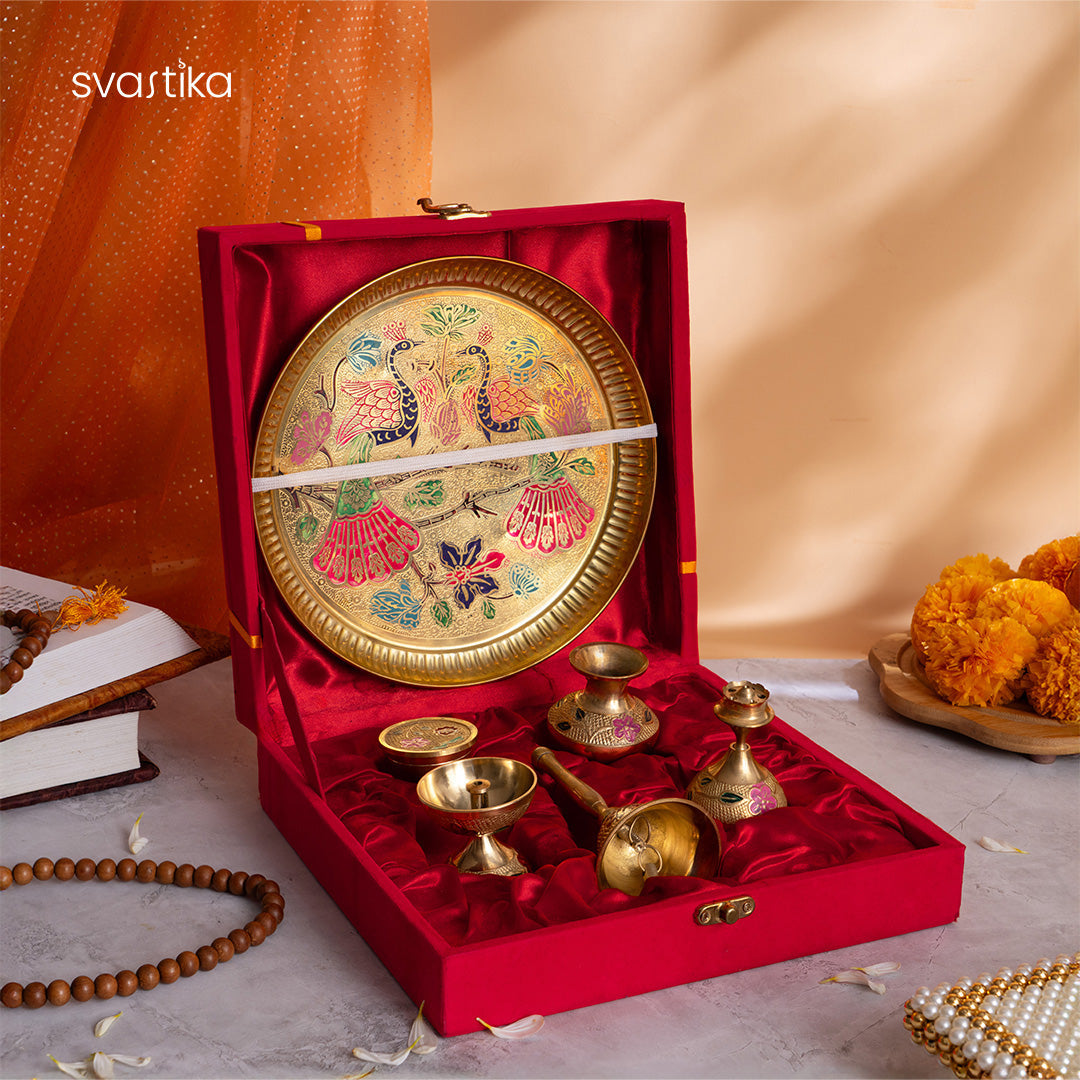Brass Peacock Meenakari Pooja Thali (8 Inch)