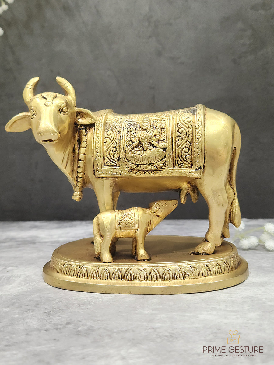Brass Kamdhenu Cow & Calf Idol
