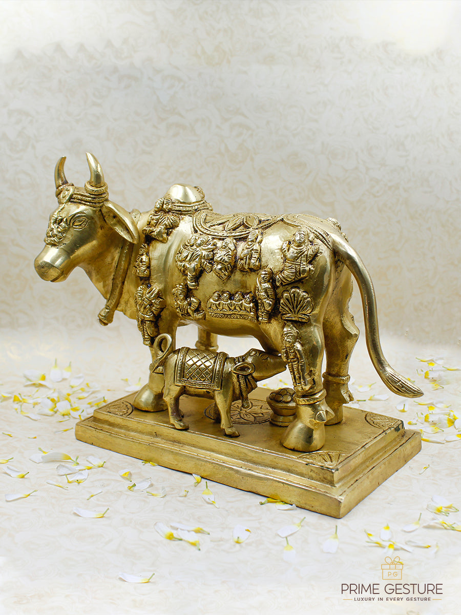 Pure Brass Kamadhenu Cow with Calf Idol