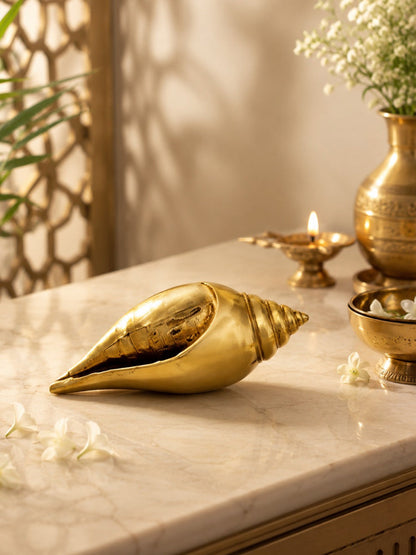 Pure Brass Shankh Showpiece for Home Mandir & Vastu Decor