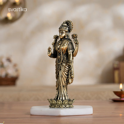 Brass Lakshmi Idol Standing on Lotus (6 Inch)