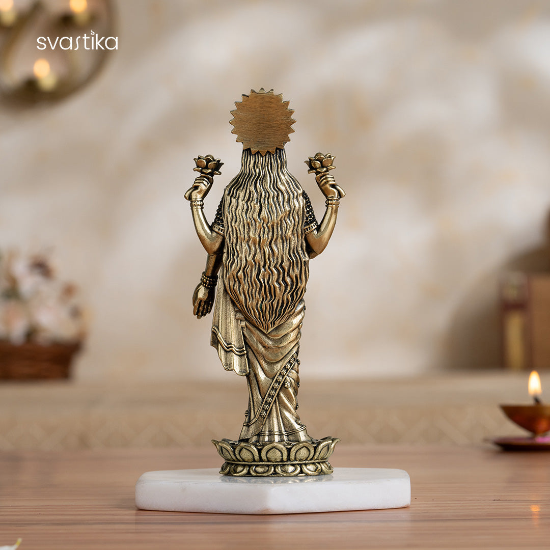 Brass Lakshmi Idol Standing on Lotus (6 Inch)