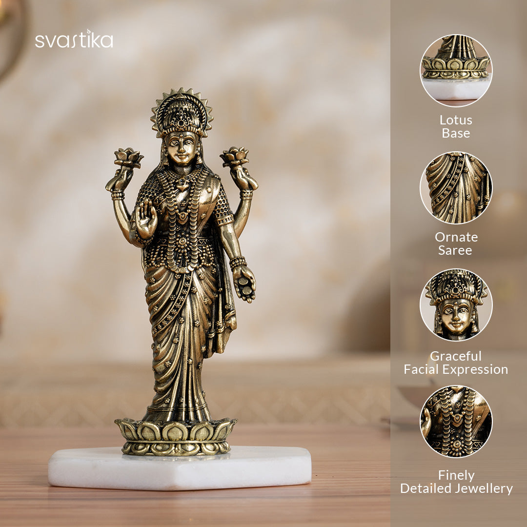 Brass Lakshmi Idol Standing on Lotus (6 Inch)