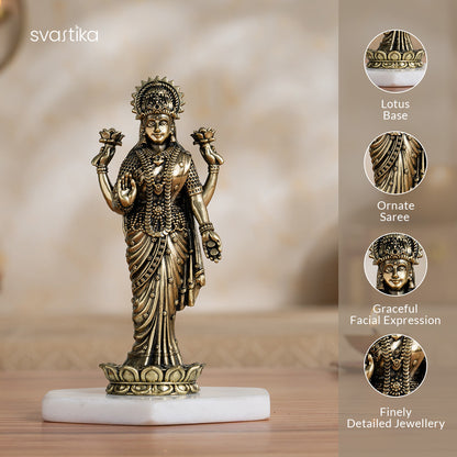 Brass Lakshmi Idol Standing on Lotus (6 Inch)
