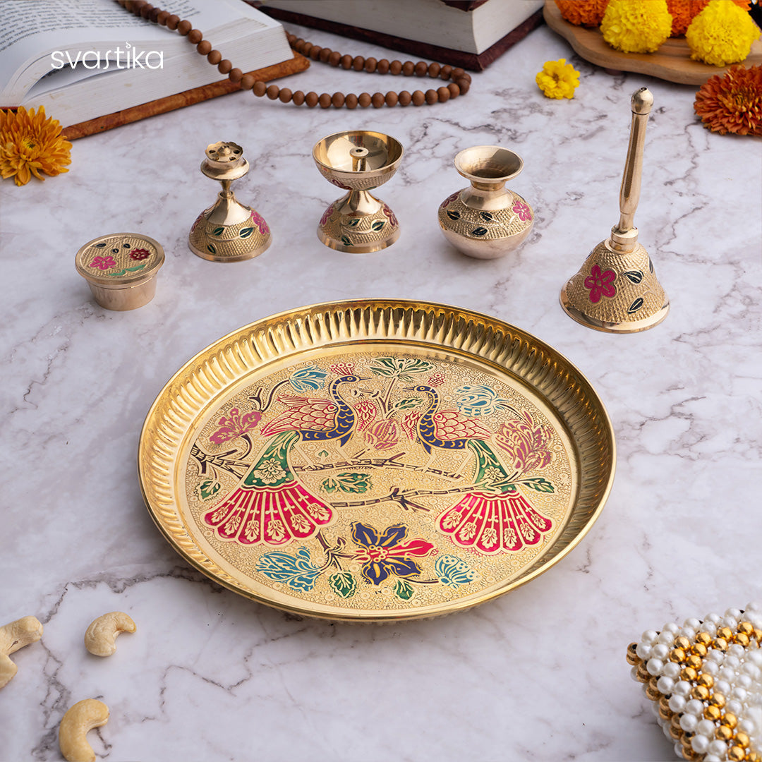 Brass Peacock Meenakari Pooja Thali (8 Inch)