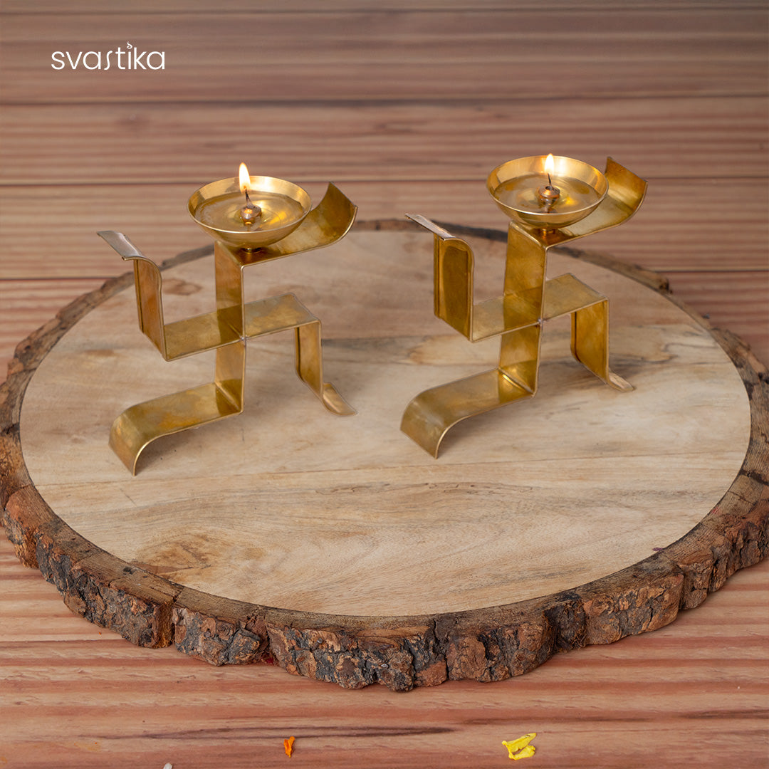 Brass Vertical Swastika Symbol Diyas (Set of 2)