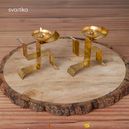 Brass Vertical Swastika Symbol Diyas (Set of 2)