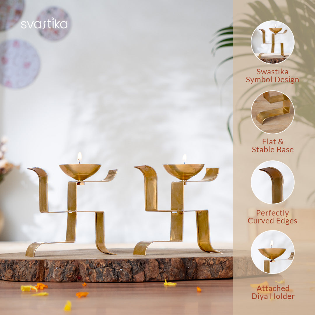 Brass Vertical Swastika Symbol Diyas (Set of 2)