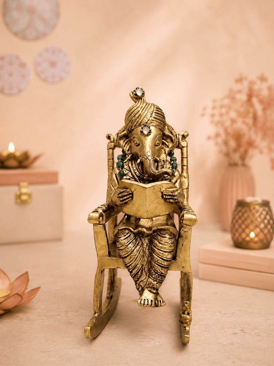 Brass Vidya Vinayak Ganesha Idol | Sitting on Swing Chair & Reading Ramayana for Wisdom, Education, Prosperity & Peaceful Vastu Energy