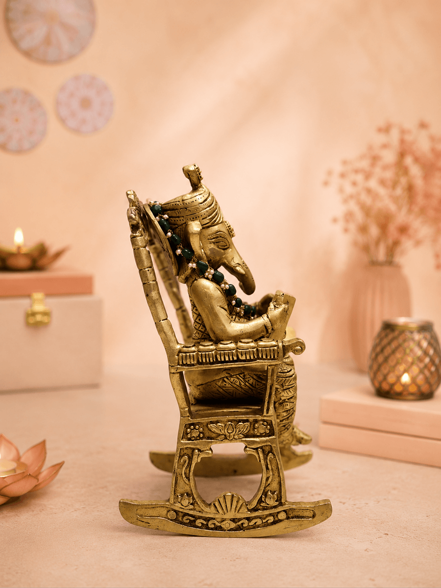 Brass Vidya Vinayak Ganesha Idol | Sitting on Swing Chair & Reading Ramayana for Wisdom, Education, Prosperity & Peaceful Vastu Energy