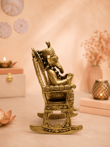 Brass Vidya Vinayak Ganesha Idol | Sitting on Swing Chair & Reading Ramayana for Wisdom, Education, Prosperity & Peaceful Vastu Energy