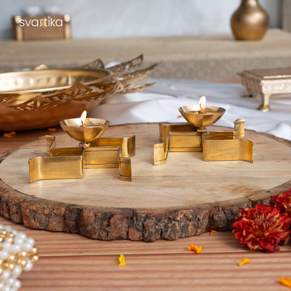 Brass Horizontal Swastika Symbol Diya (Set of 2)