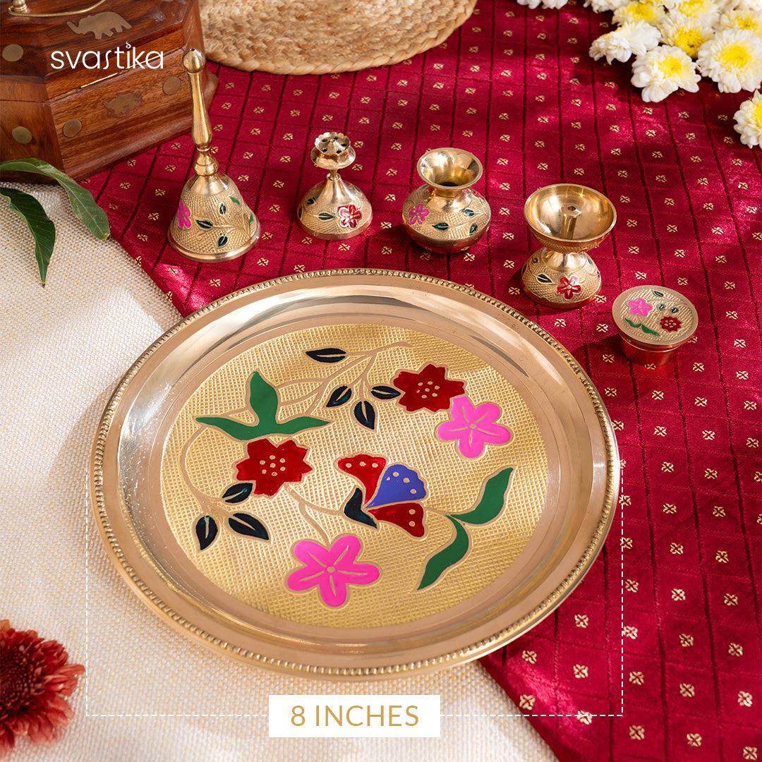 Brass Designer Meenakari Pooja Thali (10 Inch)