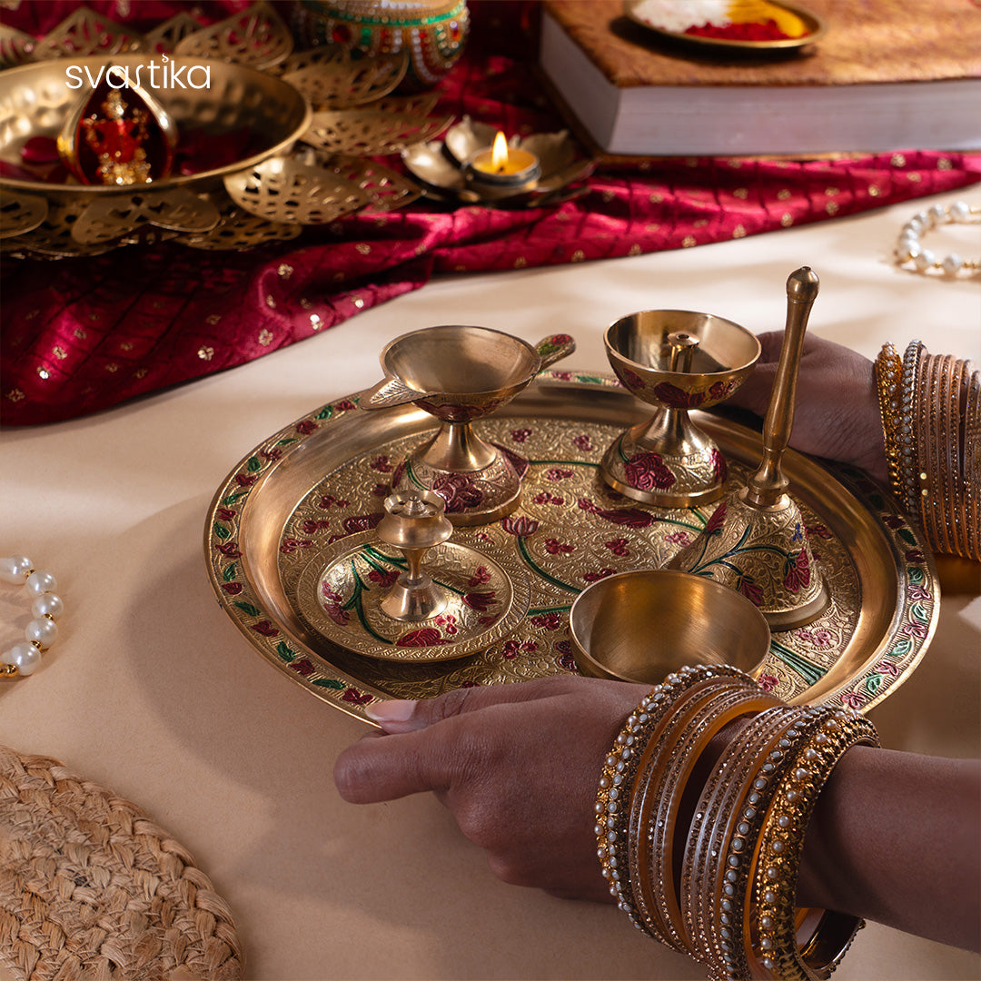 Brass Floral Meenakari Pooja Thali (10 Inch)