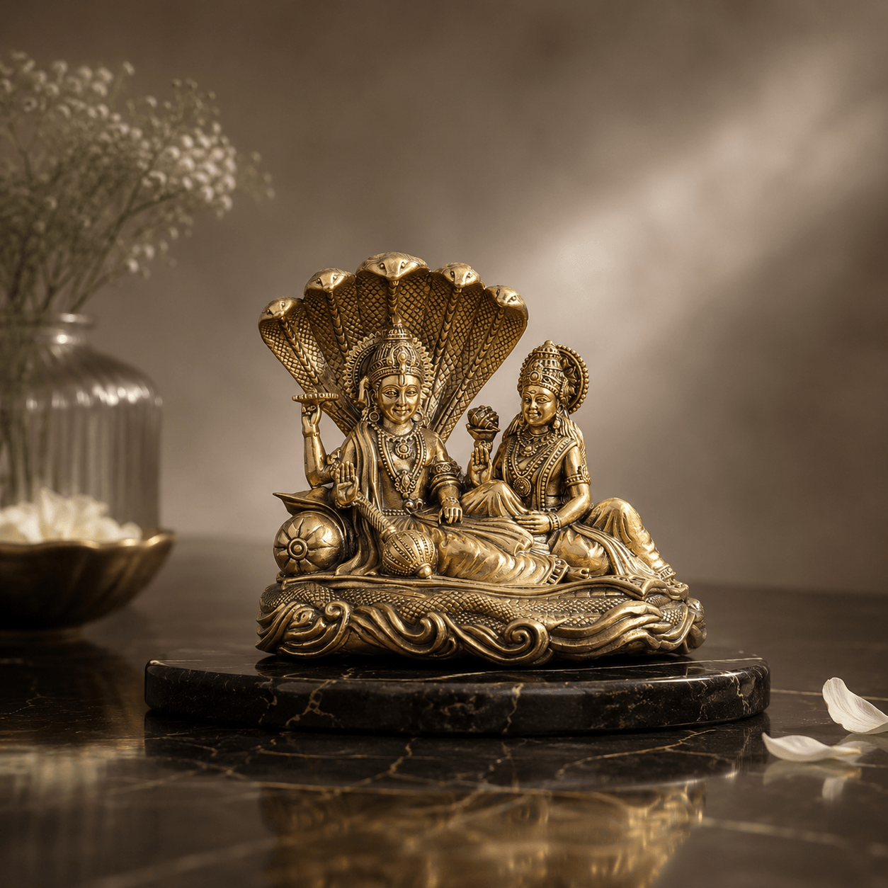 Brass Narayana/Vishnu Lakshmi on Ananta-Sajya (5.5 Inch)