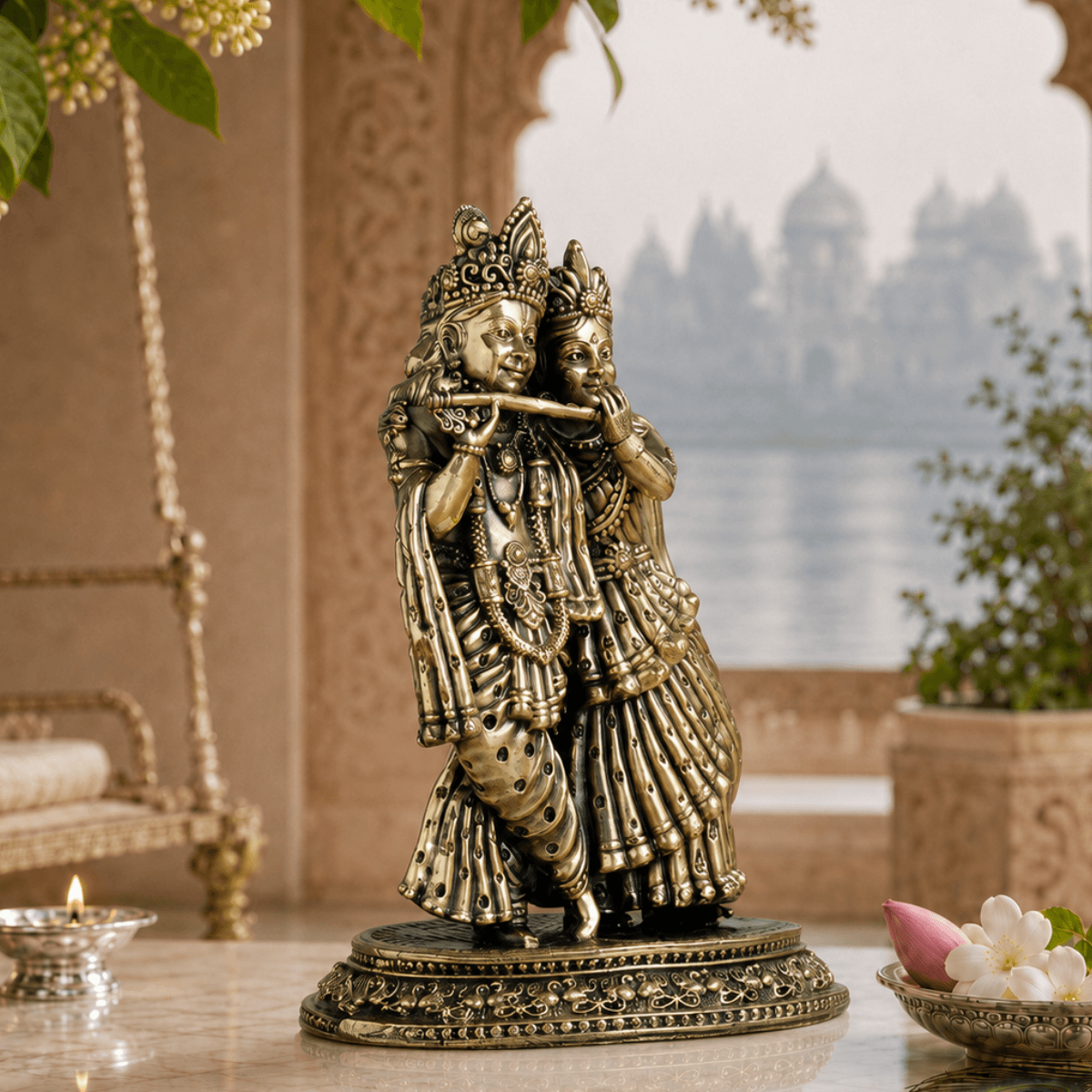 Brass Radha Krishna Murti With Tribhanga Posture (5 Inch)