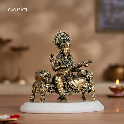Brass Saraswati Idol Playing Veena On Singhasan (4 Inch)