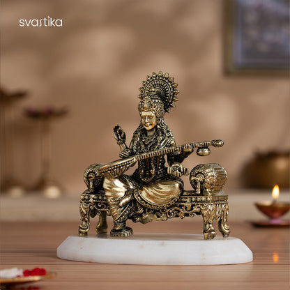 Brass Saraswati Idol Playing Veena On Singhasan (4 Inch)