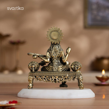 Brass Saraswati Idol Playing Veena On Singhasan (4 Inch)